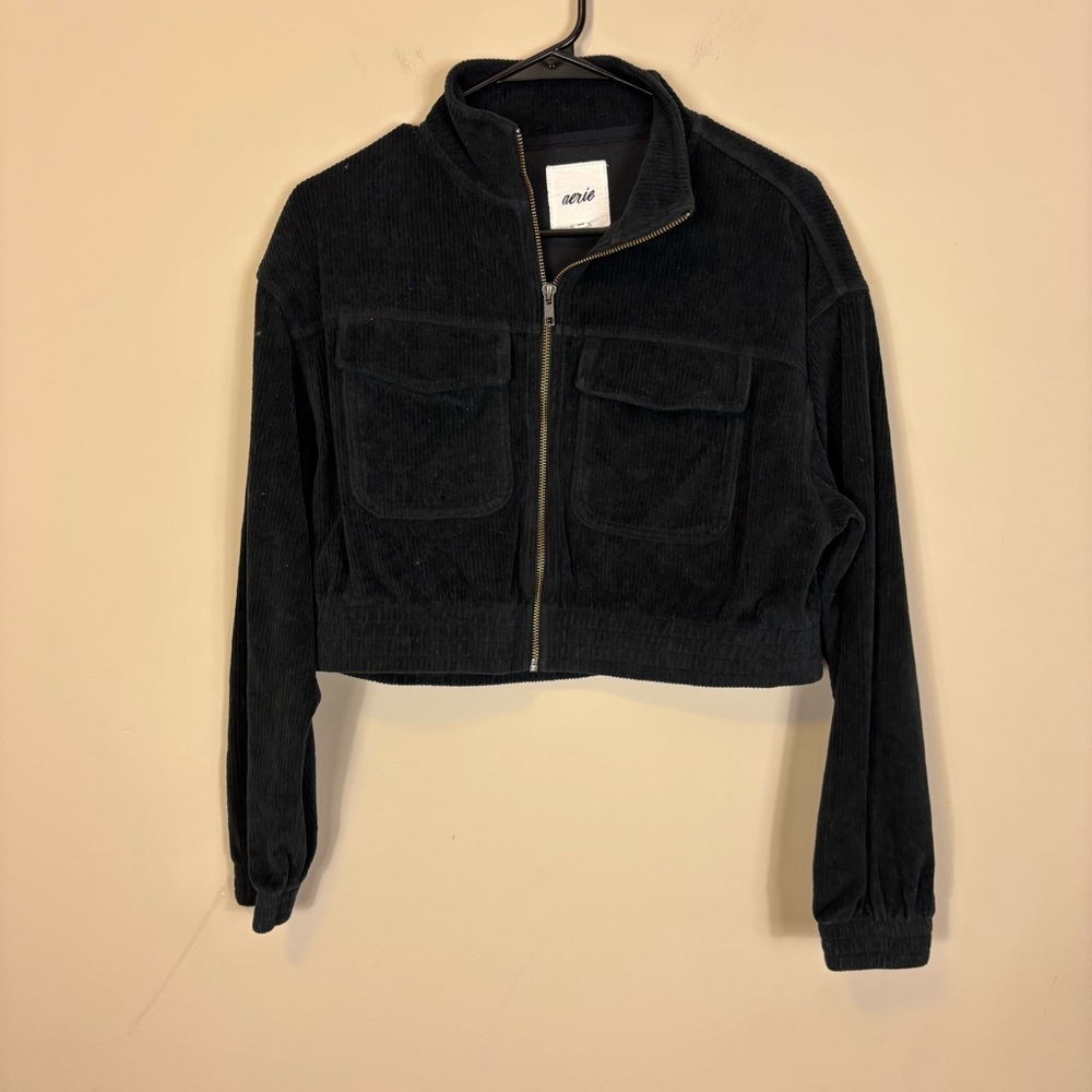 Aerie Collared Black Corduroy Zip‎ Up Cropped Jacket Small